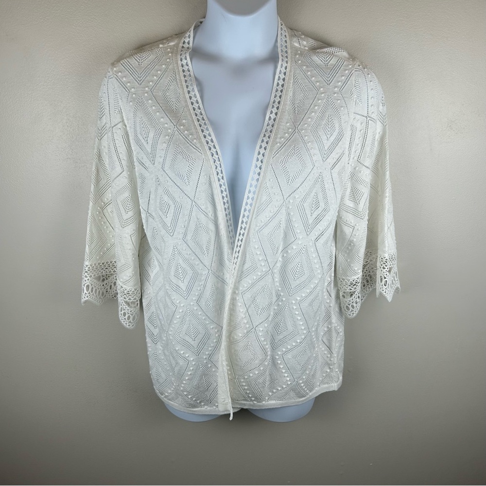 Chicos Diamond Stitch Cardigan Sweater Womens XL 3 Alabaster‎ Cream Open Front